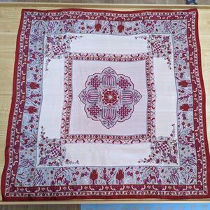 Vintage Oscar de la Renta Silk Scarf Red & Ivory Ornate Border Luxury Designer